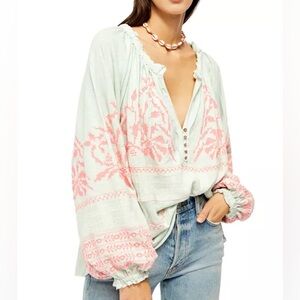 Free People Persuasion Embroidered Blouse Top Mint Pink Bohemian Peasant Medium